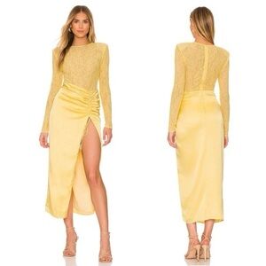 NBD Fara Midi Dress Long Sleeve Lace Bodice Satin Skirt with Bodysuit in Yellow